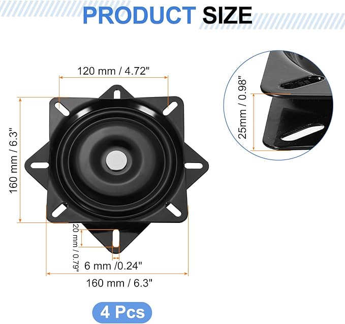uxcell 4Pcs 6.5" Bar Stool Swivel Replacement, 360° Rotation Lazy Susan Turntable, Square Semi-Ball Bearing Seat Swivel Base Mount Plate for Recliner Chair or Table, Black (160x2.5mm)