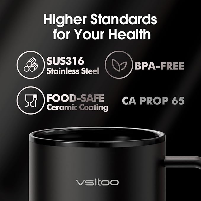 Vsitoo S3 Plus 14oz Heated Coffee Mug - Temperature Control Smart Mug with Mug Warmer, Auto-Sensing AI Heats Drinks to 120-150°F Hands-Free.Ideal for Home/Office/Gifts，Black