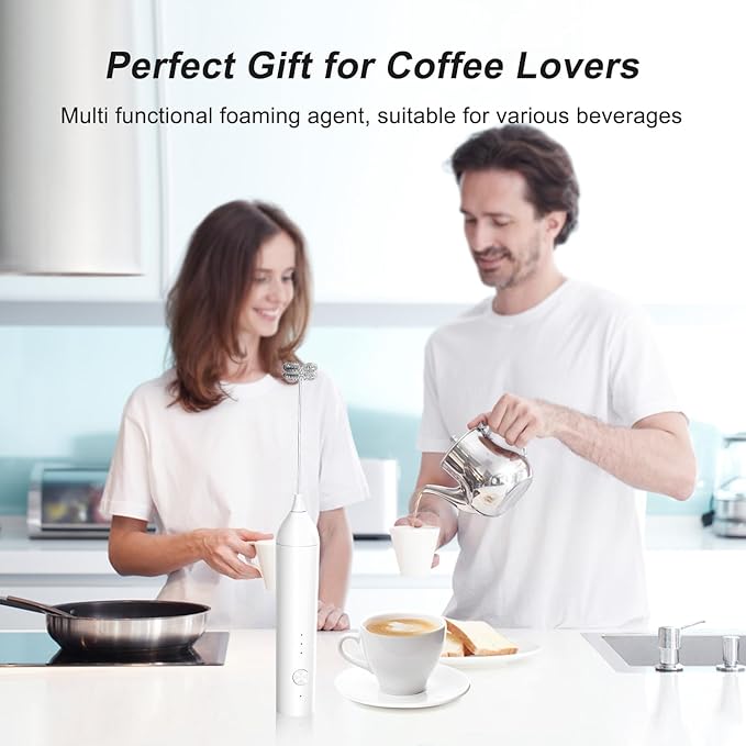 Rechargeable Milk Frother by ELMWAY, 3 Speed Electric Milk Frother Handled with Wand and Egg Whisk Attachments, for Coffee, Matcha and Protein Powder (White without Stand)