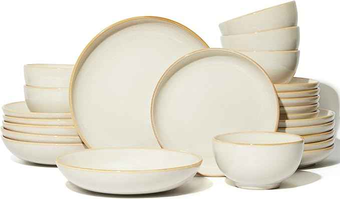 24 Piece Double Bowl Dinnerware Sets with Pasta Bowls, Highly Chip and Crack Resistant Plates and Bowls Sets, Natural Earthyware Ceramic Dishware Sets, Service for 6 Yellow White