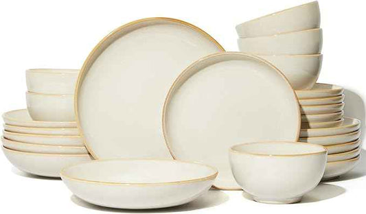 24 Piece Double Bowl Dinnerware Sets with Pasta Bowls, Highly Chip and Crack Resistant Plates and Bowls Sets, Natural Earthyware Ceramic Dishware Sets, Service for 6 Yellow White