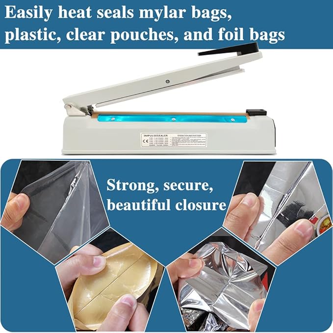 Impulse Heat Sealer 16 inch Mylar Bag Sealer, Heat Sealer for Plastic Bags, Metal Iron Shell, Impulse Sealer 3mm Sealing, Manual Hot Seal Machine with 8 Repair Kits(Included 2 Cutter Lines)