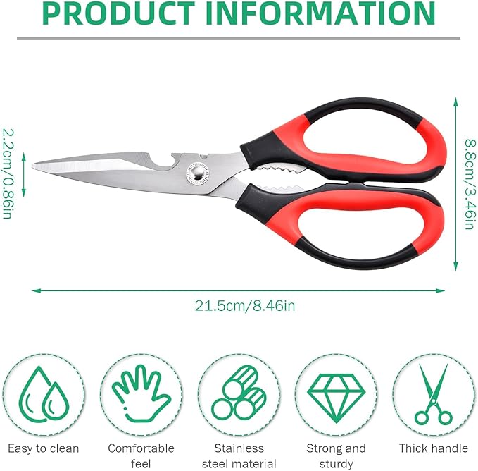 Multipurpose kitchen scissors, heavy duty meat poultry scissors, spice scissors, food cooking scissors, stainless steel utility scissors (1, red)