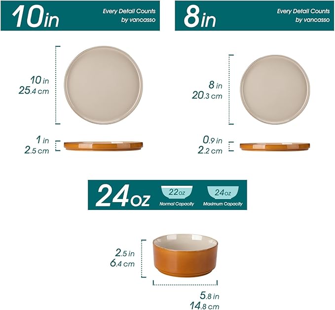 vancasso ONION Ceramic Plates and Bowls Sets, 24 Pieces Grey Dinnerware Sets for Kitchen, Reactive Glaze Dishes Set for 8, Dishwasher and Microwave Safe