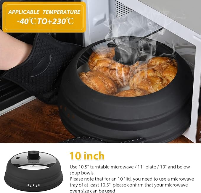 Microwave Splatter Cover Glass Cover Guard Lid with Collapsible Silicone for Food Pot Plate Cover 9.8 inch Black