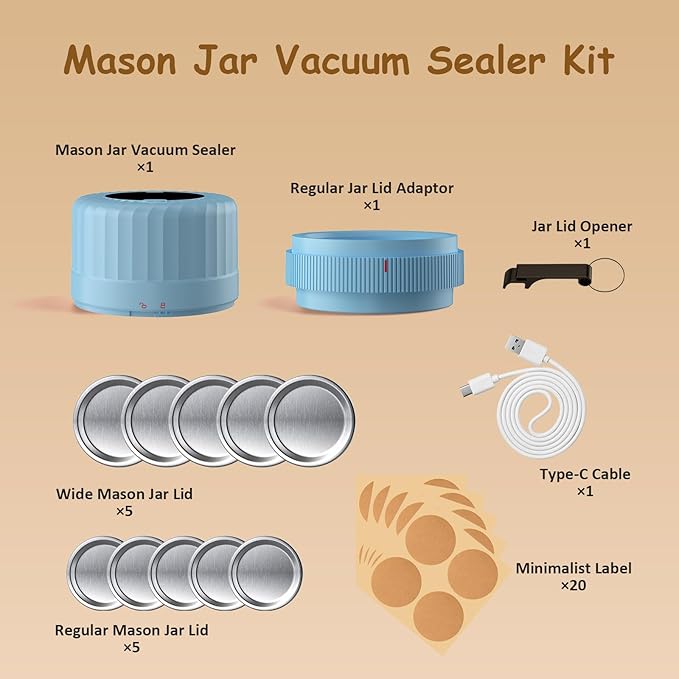 HTPOW Electric Mason Jar Vacuum Sealer - Fully Automatic Mason Jar Vacuum Sealer Kit for All Mason Jars with Regular Lids and Wide Mouth Lids, A Must-Have Tool for Canned Foods/Pantry - Blue