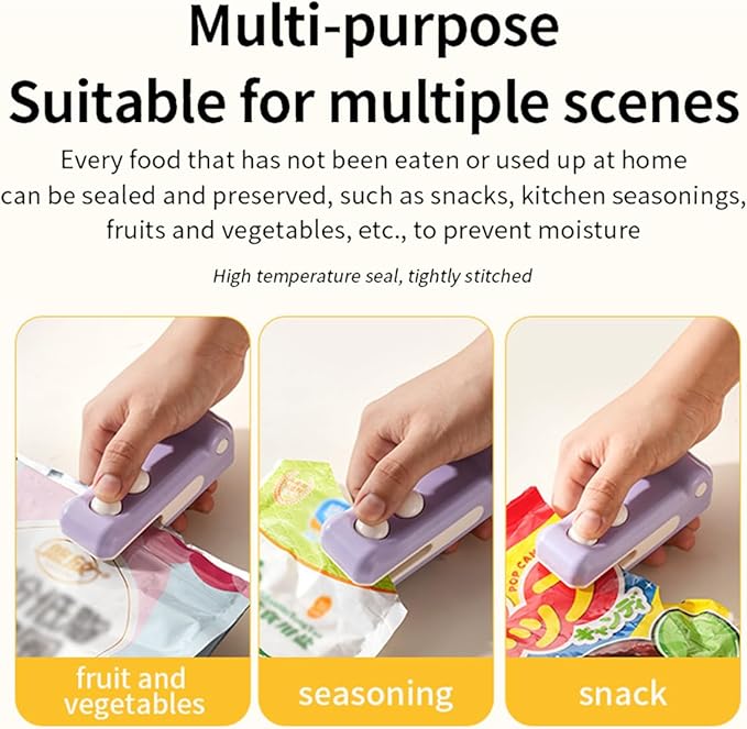 2-in-1 Mini Bag Sealer and Cutter, Rechargeable Handheld Food Storage Sealer with Magnet, Portable Crocodile Design for Chips and Snacks, Kitchen Storage Solution (Purple)