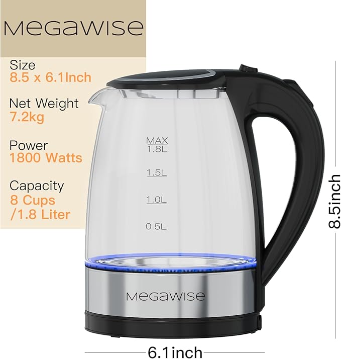 MEGAWISE 1.8L Healthy Electric Kettle, 1800W Borosilicate Glass Tea Kettle with Food Grade Material, Auto Shut-Off and Boil-Dry Protection Cordless Kettle Fast Boiling, BPA Free