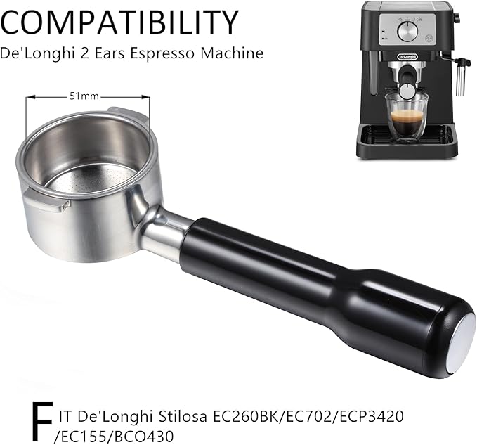 51mm Bottomless Portafilter 2 Ears for Delonghi ECP3420/BCO430/EC260 | Stainless Steel Filter Basket and ABS Handle