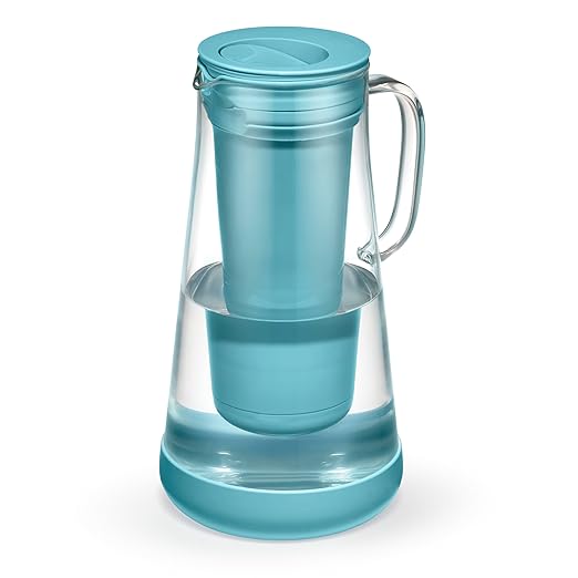 LifeStraw Home– Water Filter Pitcher, 7-Cup, Glass with Silicone Base, Juniper, for Everyday Protection Against Bacteria, Parasites, Microplastics, Lead, Mercury, PFAS and a Variety of Chemicals