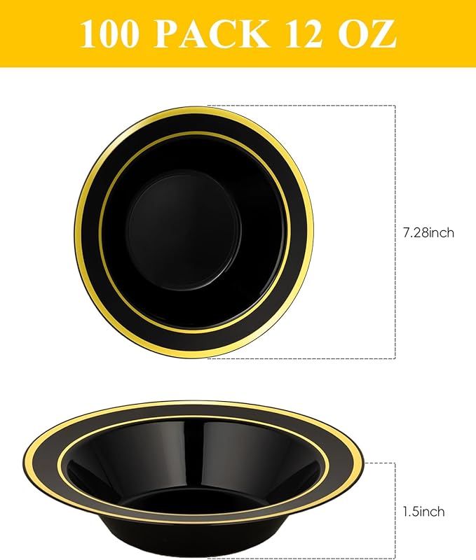 100 Pack Black Disposable Bowls with Gold Rim, 12oz Black Plastic Soup Bowls for Party, Wedding, Holiday,And Halloween