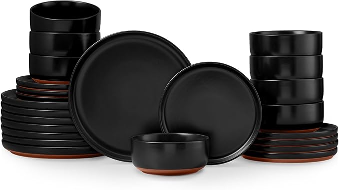 E-far 24-Piece Stoneware Plates and Bowls Sets, Dinnerware Sets for 8, Ceramic Dishware Dishes Set with Terracotta Base, Chip & Scratch Resistant, Microwave & Dishwasher Safe, Matte Black