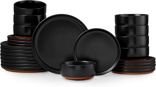 E-far 24-Piece Stoneware Plates and Bowls Sets, Dinnerware Sets for 8, Ceramic Dishware Dishes Set with Terracotta Base, Chip & Scratch Resistant, Microwave & Dishwasher Safe, Matte Black