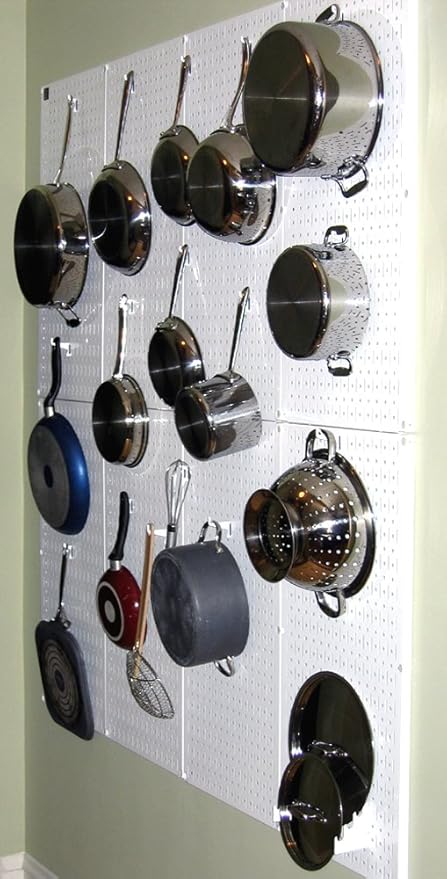 Wall Control Kitchen Pegboard Organizer Pots and Pans Storage Rack Organization Kit with White Pegboard and White Accessories