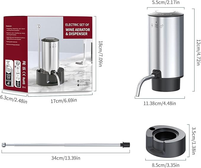 Upgraded Wine aerator Electric Wine Decanter, Rechargeable Automatic Wine Dispenser withStorage Base,Two Modes:long press to continuously Dispense wine/single press to Dispense75ml of Wine(Silver-set)
