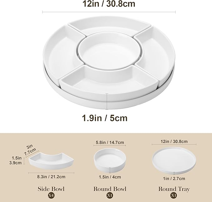 MALACASA Porcelain Divided Serving Dishes, Appetizers Tray, Serving Tray for Party - Perfect for Chips and Dip, Fruit, Veggies, Candy and Snacks, Divided Serving Platter, Relish Tray, White