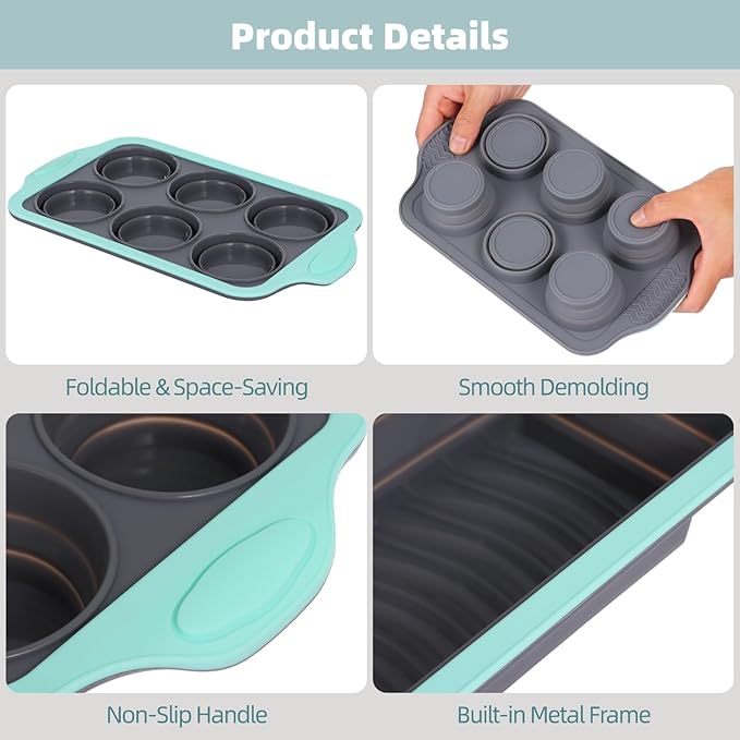 4PCS Silicone Baking Pan Set, Stackable Nonstick Baking Pans Set with Long-lasting Grip Handles & Metal Reinforced Frame, Kitchen Baking Kit for Baking Muffin, Loaf, Round & Square Cake Pans