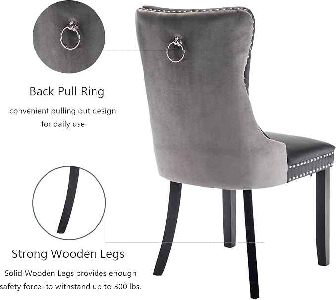 Dining Chairs Set of 4, Upholstered Dining Room Chairs with Back Ring Pull Trim and Solid Wood Legs, Modern Tufted Kitchen Chairs Perfect for Dining Room, Black Pu Leather Splicing Grey Velvet