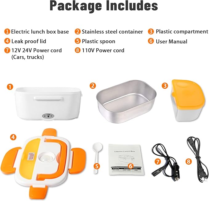 Electric Lunch Box 2 In 1 Food Heater 12V 24V 110V Portable Food Warmer for Car and Home Removable Stainless Steel Heated Bento Box (Orange)