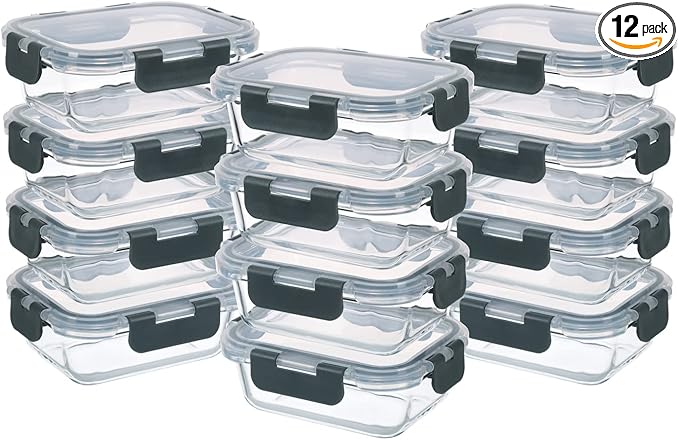 GULFLIN 24-Piece Small Glass Food Storage Containers with Lids Airtight, 1.5 Cup Meal Prep Containers Set, Microwave&Dishwasher Safe, Leak-Proof, BPA-Free, Grey