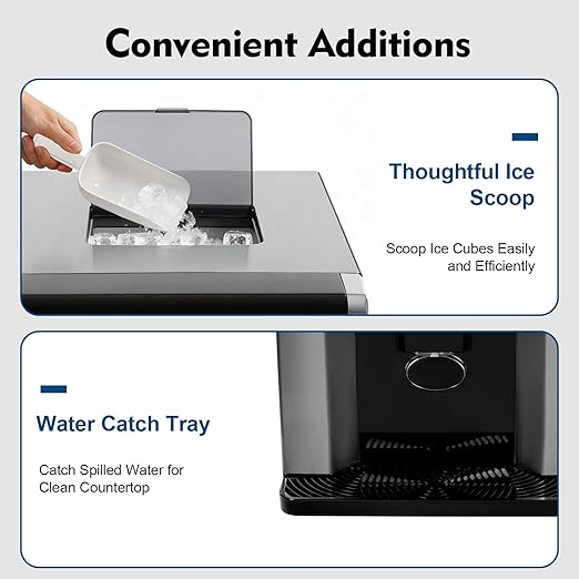 2-in-1 Ice Maker & Water Dispenser, 3 Ice Sizes in 8-12 Mins, Countertop Ice Maker Built-in Water Dispenser, Stainless Steel Ice Machine with Ice Scoop for Kitchen, Office, Party