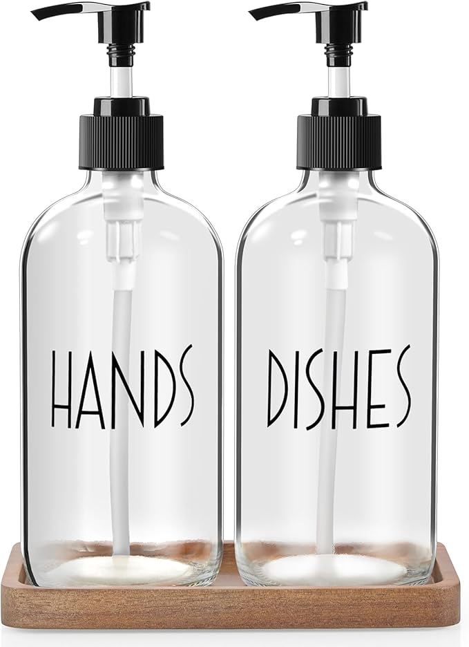 ALELION Glass Soap Dispenser with Pump - 16 OZ Clear Dish and Hand Soap Dispenser Set with Acacia Wood Tray for Kitchen Bathroom - Modern Liquid Pump Bottles
