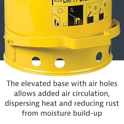 Justrite 21 Gallon Galvanized Steel Oily Waste Can, 23.5" x 18" Metal Oil Rag Safety Can with Foot Operated Self-Closing Lid for Oil Rag Disposal, Made in The USA, Yellow, 09701