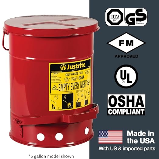 Justrite 14 Gallon Galvanized Steel Oily Waste Can, 20" x 16" Metal Oil Rag Safety Can with Foot Operated Self-Closing Lid for Oil Rag Disposal, Made in The USA, Red, 09500