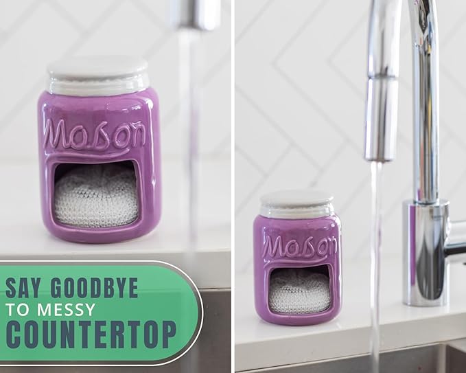 Comfify Ceramic Sponge Holder – Purple Farmhouse Sink Caddy – Mason Jar Kitchen Accessory – Includes Free Sponge