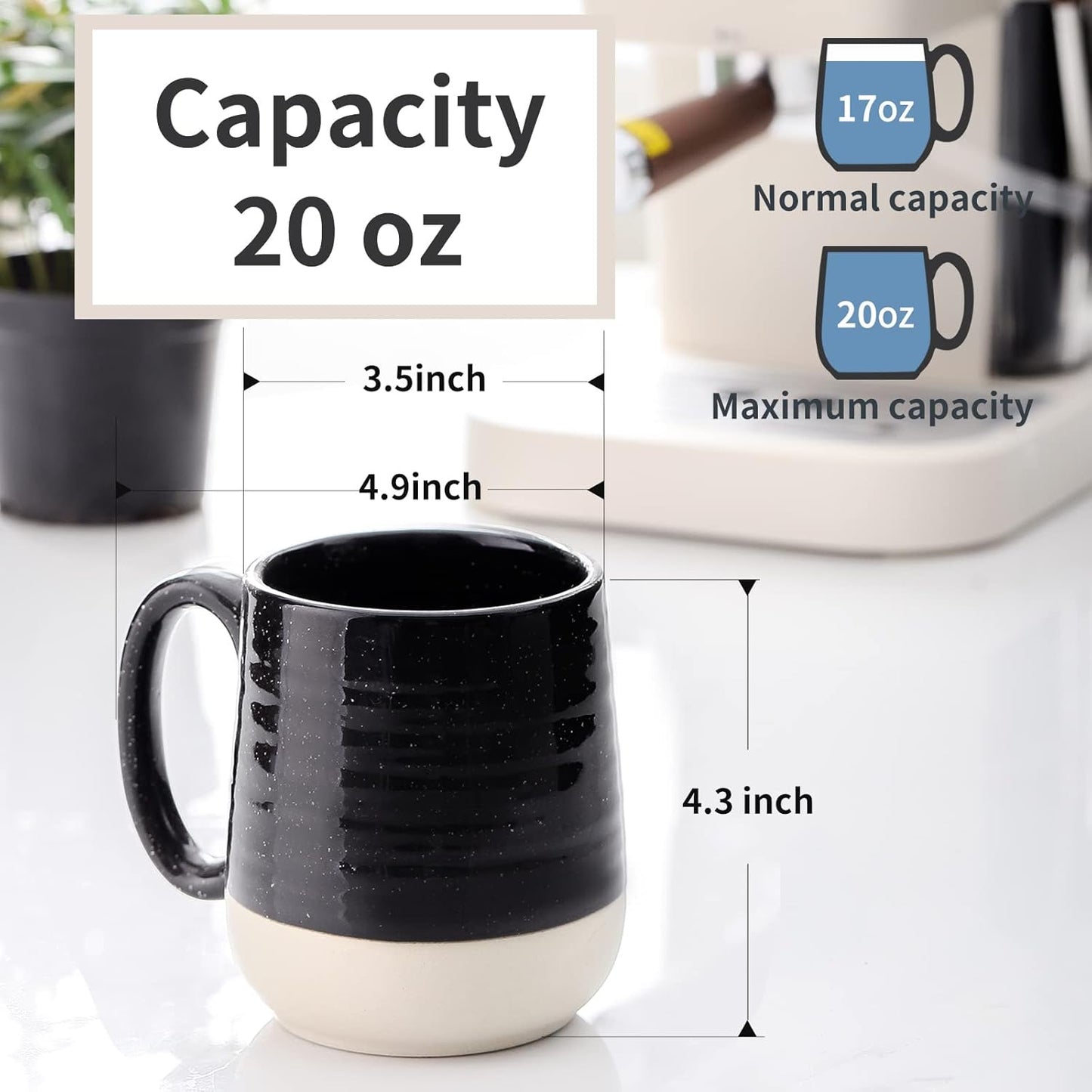 Hasense Large Coffee Mug, 20 oz Ceramic Coffee Cup with Comfortable Handle for Office and Home, Ideal for Coffee Tea Latte, Dishwasher Microwave Safe, 1 PCS(Black)