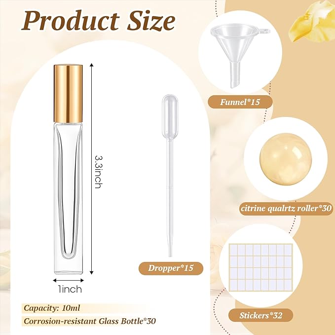 Domensi 30 Pack 10ml/0.34oz Glass Essential Oil Roller Bottles with Gold Quartz Roller Ball, Refillable Leak-proof Travel Perfume Roll on Bottles for DIY Aromatherapy, Skincare & Samples