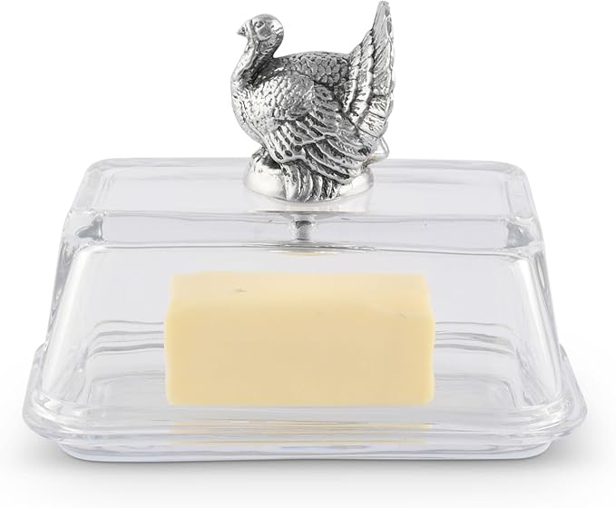 Arthur Court Glass Butter Dish with Lid Turkey Knob | Classic 2-Piece Design Covered Butter Keeper | Covers and Holds a Standard Stick of Butter | Thanksgiving Table
