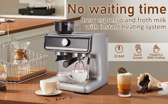 GarveeHome Espresso Machine With Grinder, 20 Bar Semi-Automatic Espresso Coffee Maker With Milk Frother Steamer Wand Cappuccino Latte Macchiato, 95 oz Water Tank, Pid Temperature Control-Silver