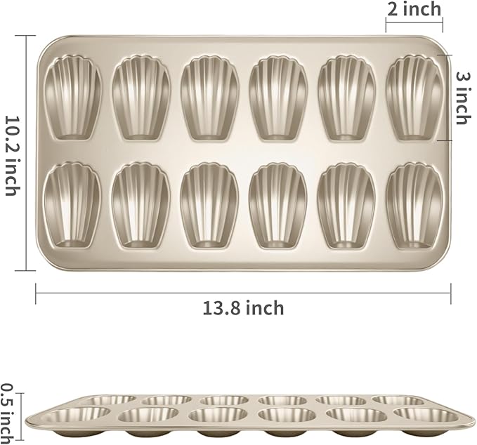 Madeleine Pans Set of 2, Nonstick 12-Cavity Madeleines Mold Cookie Tray for Baking, Heavy Duty Warp Resistant Cute Shell Shape Madeleine Mold Cake Pan-Gold