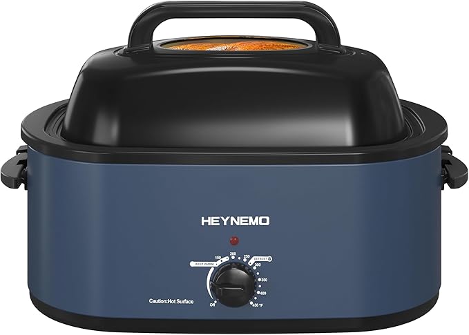 28 Quart Electric Roaster Oven with Visible & Self-Basting Lid, Large Turkey Roaster with Defrost Warm Function, Adjustable Temperature, Removable Pan Rack, Stainless Steel, Blue