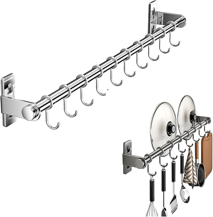 Hanging Wall Mount knife Wall Mount, Kitchen Organizer Storage Shelf for Utensils Spatula Spoon, Space-Saving Knife Rack with Hooks,Wall-Mounted Utensil Holder (Grey, 40CM+Single Pole+6Hooks)
