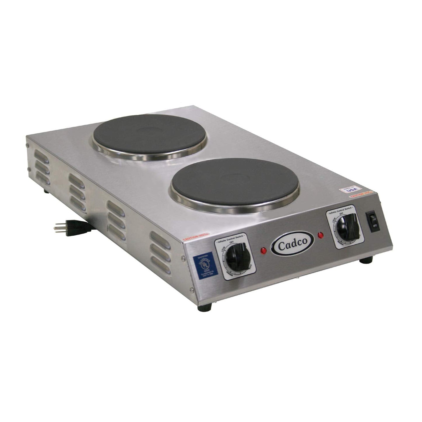 Cadco CDR-2CFB 13-1/2" Electric Portable Countertop Space Saver Hot Plate w/Two Cast Iron Burners for Restaurant Hotel Food Truck Concession Kiosk, Stainless Steel, 120v