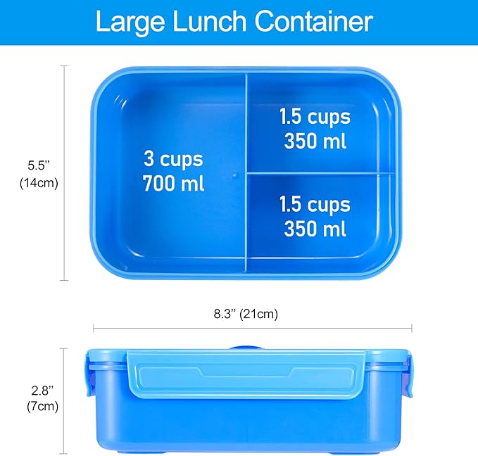 Caperci Classic Bento Lunch Box for Adult & Older Kids - Leakpoof 47 oz 3-Compartment Lunch Containers for Adults and Teens, Built-in Utensil Set, Ideal for On-the-Go, Blue