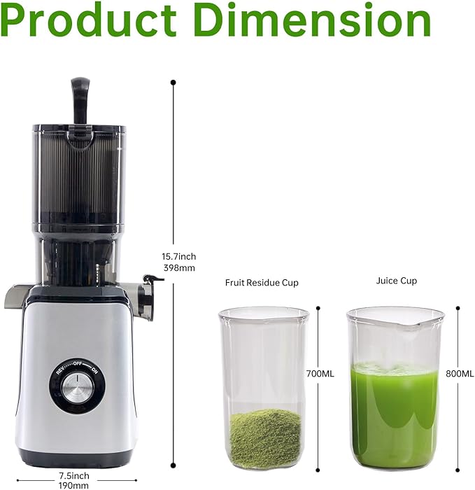 NEWBULIG Cold Press Juicer Machines, Masticating Juicer with High Juice Yield, Reverse Function, Stops Oxidation and Easy to Clean for Vegetables & Fruits, Silver