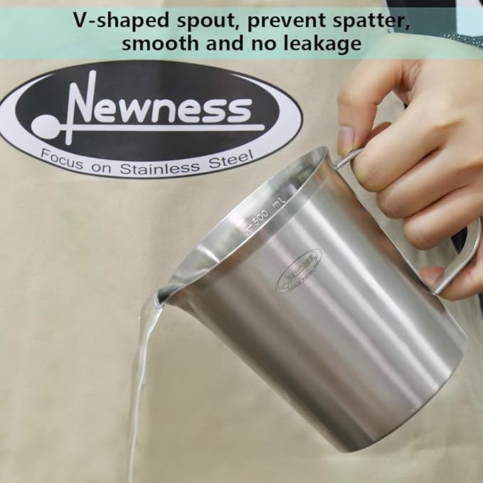 Newness Stainless Steel Measuring Cup, Metal Measuring Cup with Handle (Upgraded, 3 Marking Including Cup/ML/Ounce Scale), 16 Ounces (0.5 Liter, 2 Cup)