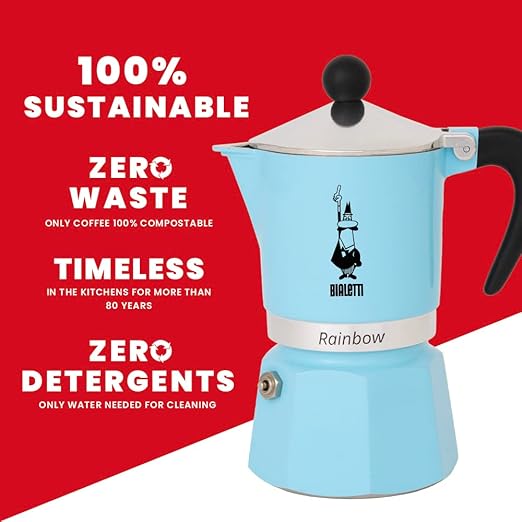 Bialetti - Rainbow: Stovetop Espresso Maker, Moka Pot 3 Cups (4.3 Oz - 130 Ml), Aluminium, Light blue