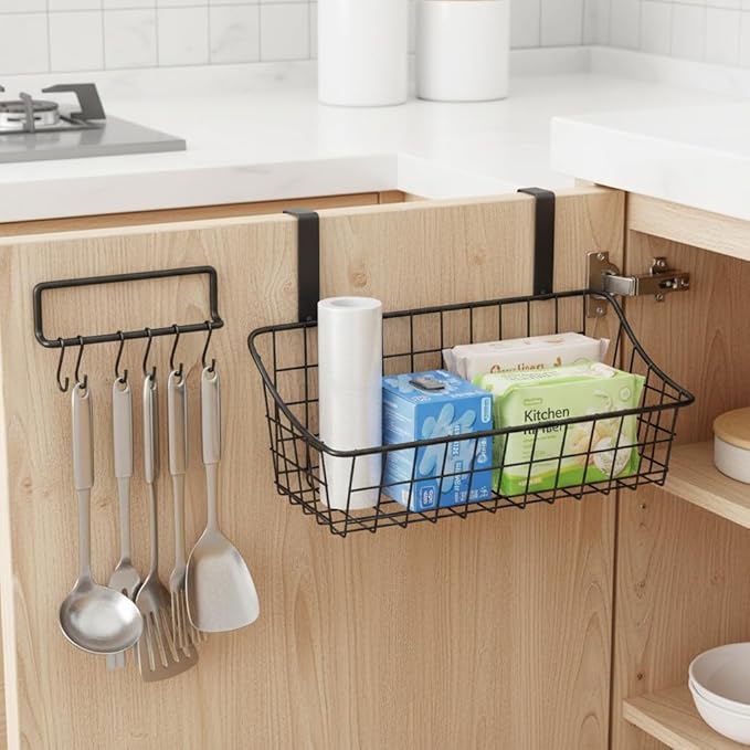 LeleCAT Cabinet Door Organizer Basket with hook Grid Storage Basket, Hang it behind a door or on a railing,BLack,4 Pack