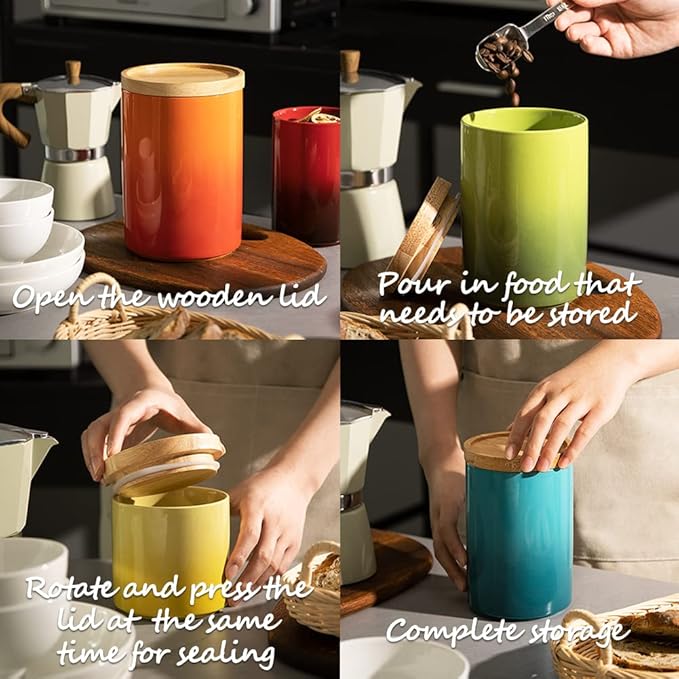 Sweejar Ceramic Food Storage Jar, Stackable Kitchen Canisters, Containers with Airtight Seal Wooden Lid for Serving Ground Coffee, Tea, Sugar, Salt and More - 16 Fl Oz (Gradient Orange)