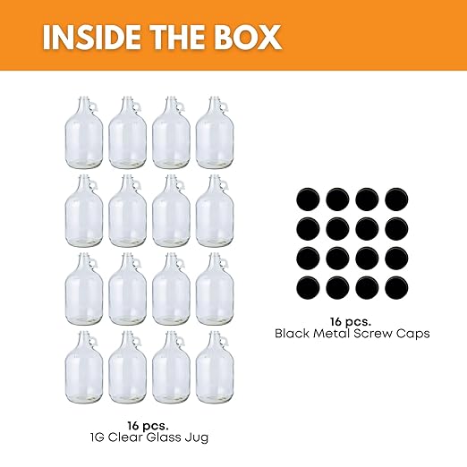 Fastrack 16-Pack 1 Gallon Glass Jug (128 oz) w/16 38mm Black Metal Screw Cap – Multipurpose 1 Gallon Jug, & Detergent Dispenser for Laundry, Glass Jar for Liquids, Water & Juice