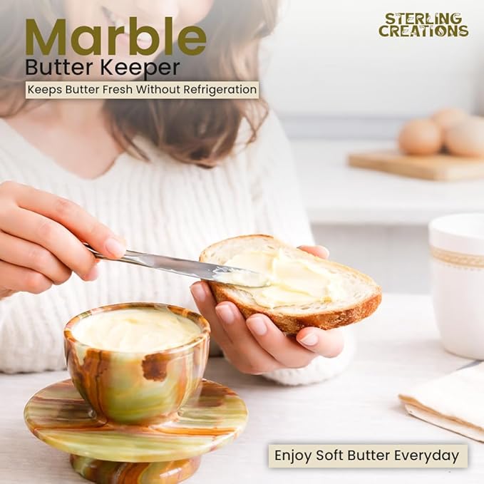 Handcrafted Round Marble Butter Keeper | Elegant Onyx Green French Butter Dish | Ideal Kitchen Storage for Soft Butter | Classic Breakfast Companion (Regular Size) (Marble)