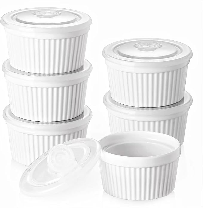 DOWAN Ramekins with Lids 6 oz Oven Safe, Creme brulee Souffle Dishes Ramekin with Covers, Porcelain Bowls for Baking Custard Cups, Set of 6, White