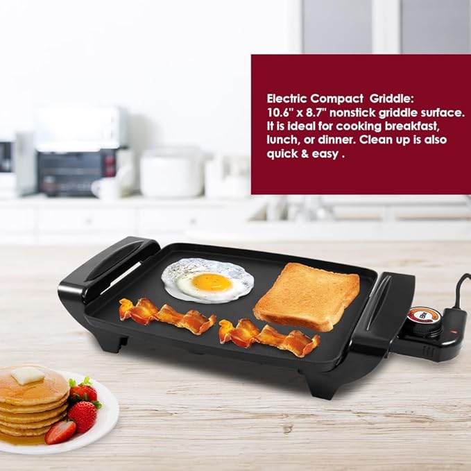 Elite Gourmet EGR-2722B Electric 10.5" x 8.5" Griddle, Cool-touch Handles Non-Stick Surface, Removable/Adjustable Thermostat, Skid Free-Rubber Feet, Black