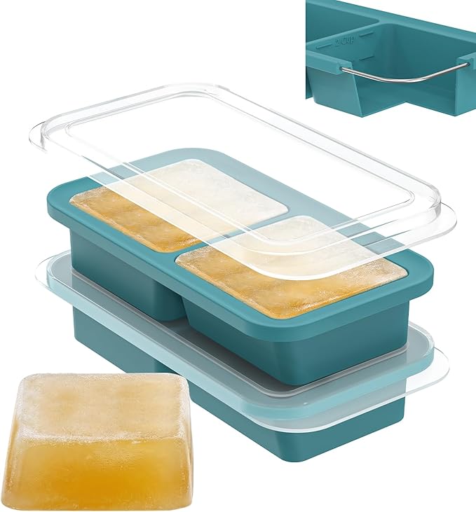 DOQAUS Silicone Freezer Molds, Reinforced Steel Frame 2-Cup Ice Cube Trays with Lid, 2 Pack 2-Cavity BPA-Free Soup Containers for Meal Prep, Kitchen