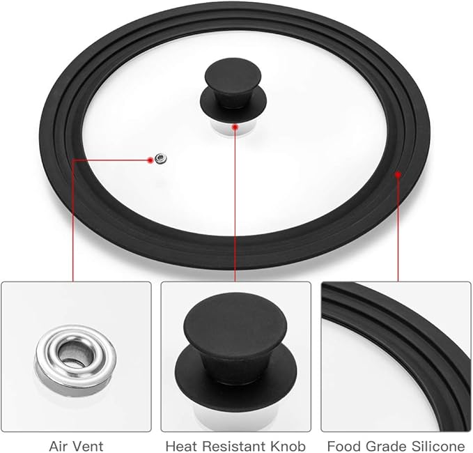 Universal Lid for Pots,Pans and Skillets - Tempered Glass with Heat Resistant Silicone Rim Fits 10.5", 11" and 12" Diameter Cookware,Black