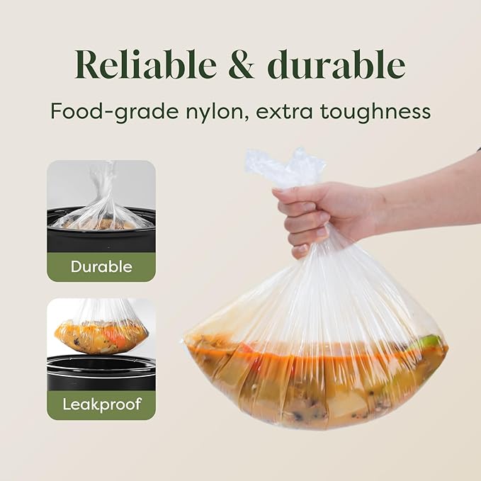 Slow Cooker Liners, Disposable Oval Large Size 13" x 21", 60 Count, Fits 3-8 Quart Pot Cooking Bags for Easy Cleanup, Food Safe & Leak-Proof